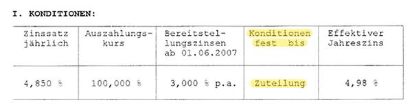 Bauspardarlehen mit dem Passus „Zins/Konditionen fest bis Zuteilung“